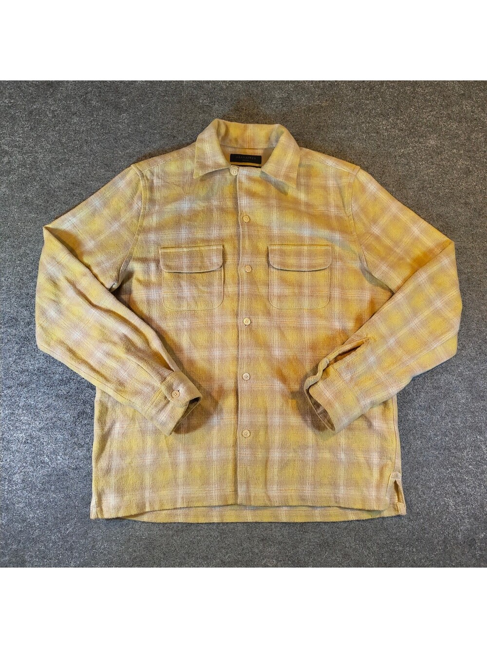 AllSaints Yellow Plaid Flannel Button Up Shirt Relaxed Fit Small Grunge